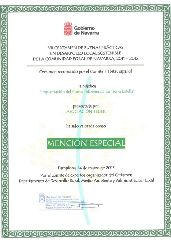 Mención especial “VII Premio Buenas Practicas en Desarrollo Local Sostenible Comunidad Foral de Navarra 2011-2012