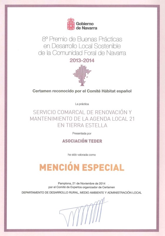 Mención especial VIII Premio Buenas Practicas en Desarrollo Local Sostenible Comunidad Foral de Navarra 2013-2014